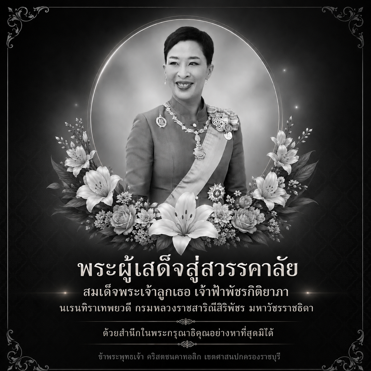 "น้อมส่งเสด็จสู่สวรรคาลัย" สมเด็จพระเจ้าลูกเธอ เจ้าฟ้าพัชรกิติยาภา นเรนทิราเทพยวดี กรมหลวงราชสาริณีสิริพัชร มหาวัชรราชธิดา